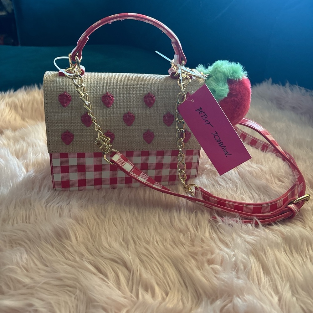 Betsey Johnson Red Gingham Strawberry Accent Satchel